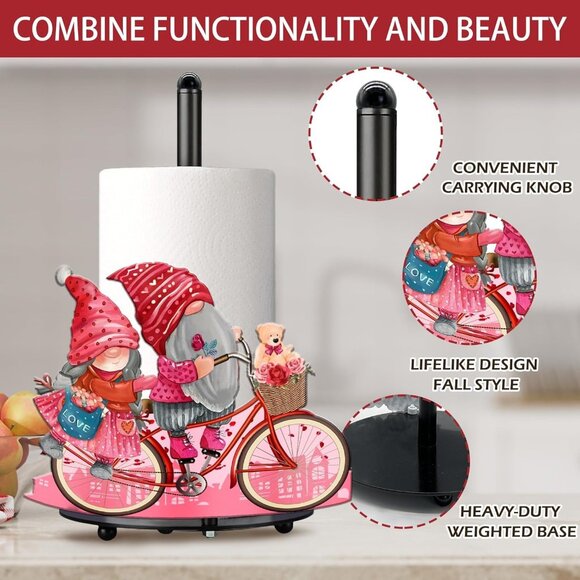 Valentine's Day Paper Towel Holder gnome heart bicycle whimsy love metal - Picture 3 of 7